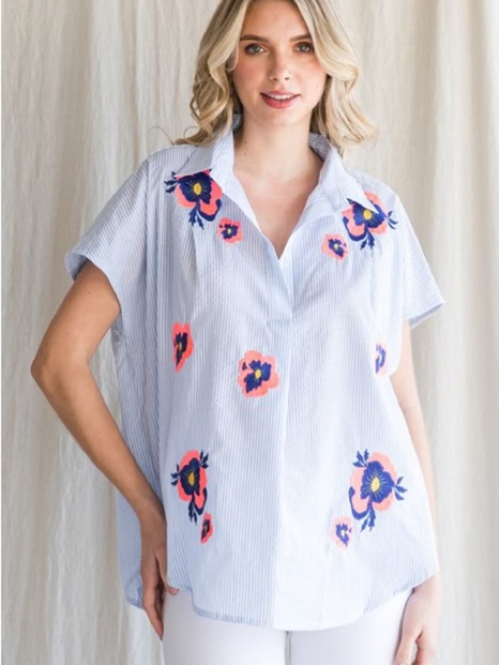 JODIFL Light Blue Pinstripe V-Neck Top with Coral & Navy Floral Accents